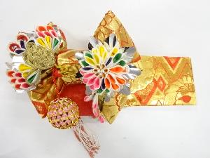 アンティーク　松皮菱に花模様織出し子供用リボン作り帯